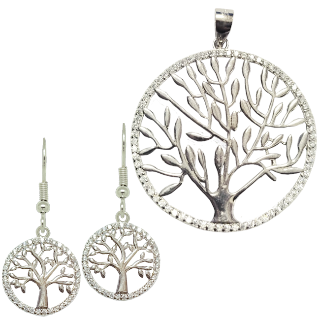 Circle Sterling Silver and Zircon Tree of Life Set, Save 10%